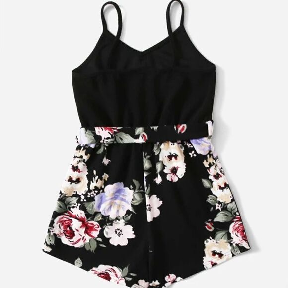 SHEIN Baby Floral Print Button Front Self Belted Cami Romper Size 9Y) 🖤💕👍 NWT - Picture 1 of 6